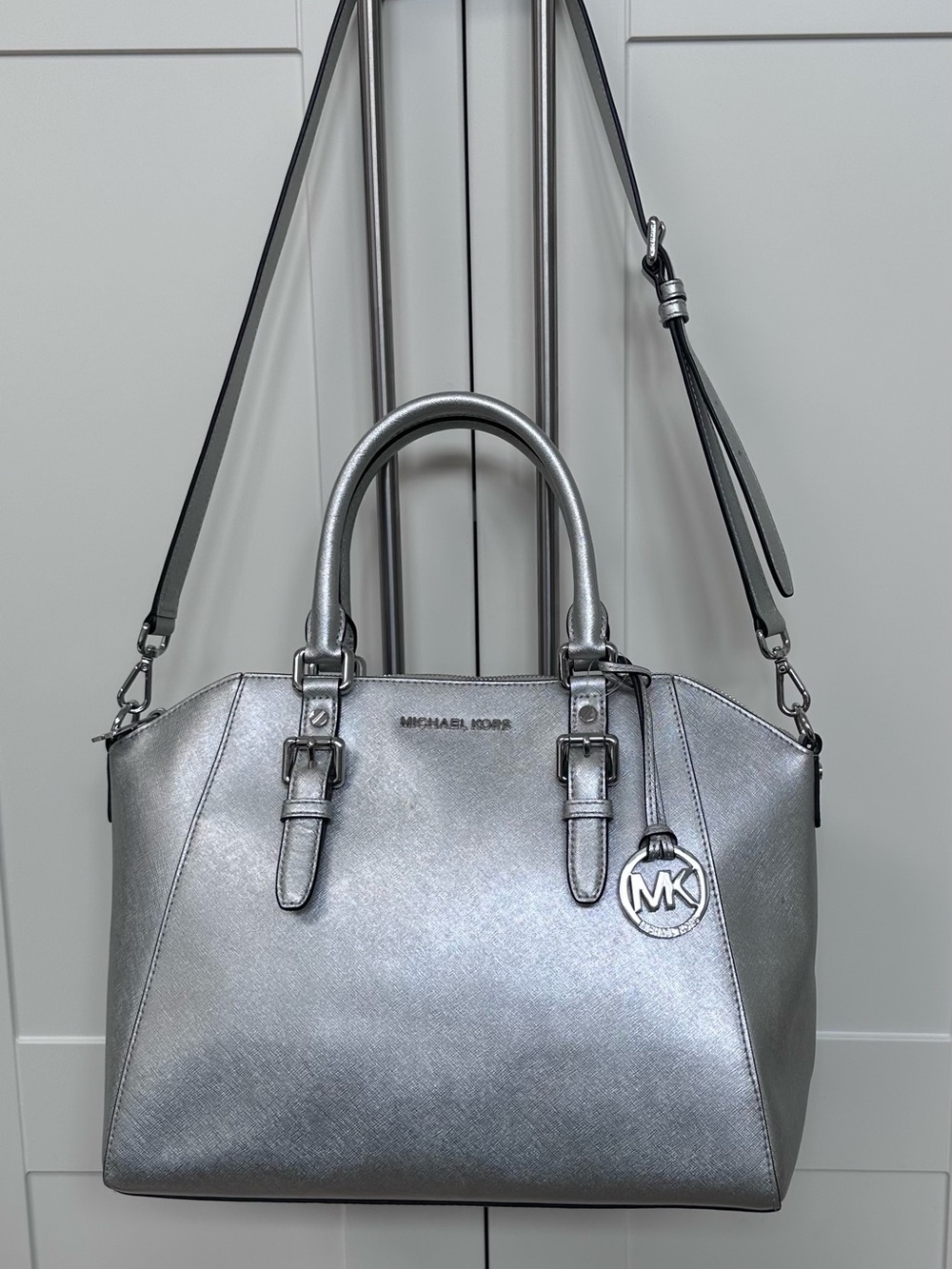 Michael Kors Metallic Silver Saffiano Satchel with MK Charm